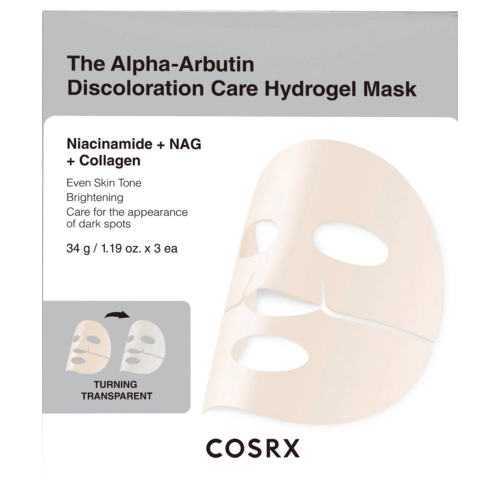 COSRX - Arbutin Discoloration Hydrogel Mask - Izgaismojošo Hidrogela Masku Komplekts ar Alfa-Arbutīnu - 34gx3gab