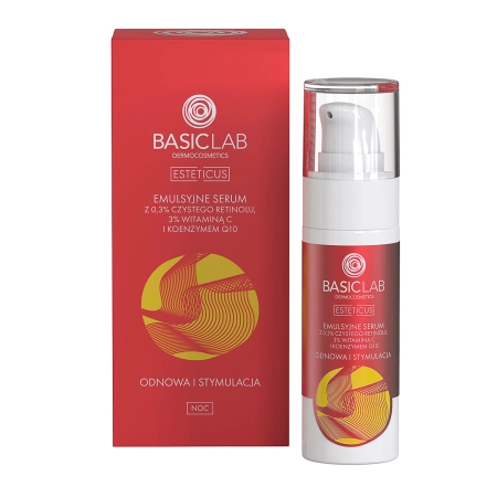 BasicLab - Esteticus - Atjaunošana un stimulācija - Emulsijas serums ar 0,3% tīra retinola, 3% C vitamīna un koenzīma Q10 - 30ml