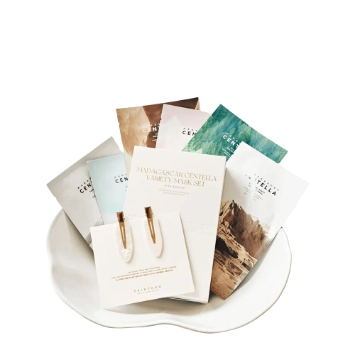 SKIN1004 - Madagascar Centella Variety Mask Set - Komplekts ar 6 Auduma Maskām un Matu Sprādzēm - 23ml + 25ml + 22ml + 23ml + 24ml + 25ml