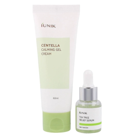 iUNIK - Centella Edition Skincare Set - Nomierinošs sejas krēms ar Centella Asiatica 60 ml un serums problemātiskai ādai ar tējas koka ūdeni