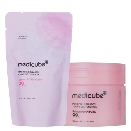 Medicube - PDRN Pink Collagen Tonning Gel Toner Pad - Tonizējoši Želejveida Spilventiņi ar Kolagēnu - 70 gab.