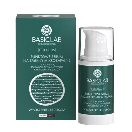 BasicLab - Nomierināšana un Samazināšana - Serums pret Mikroiekaisumiem ar 7% AHA/BHA, 3% Azelaīnskābi un Laktoferīnu - 15ml