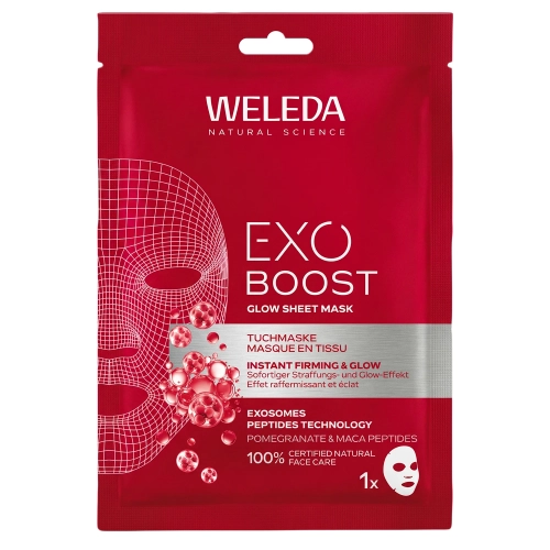 WELEDA - Exo Boost Glow Sheet Mask - Auduma Maska ar Granātābolu un Makas Peptīdiem - 1gab/20ml