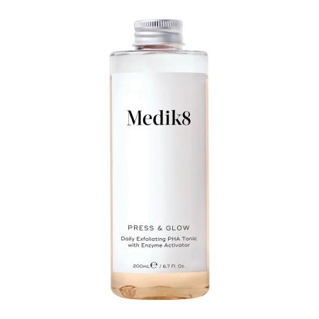 Medik8 - Press&Glow Refill - Toniks ar PHA Skābi un Nolobošu Enzīmu Aktivatoru - Uzpildamā Pudelīte Press&Glow Bez Pumpja - 200ml