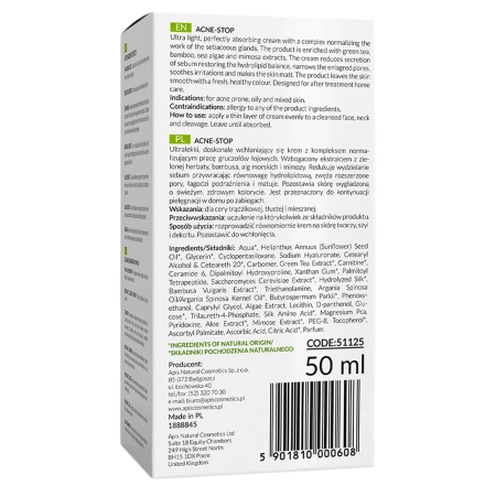 Apis - Home Terapis - Acne-Stop - Viegls Normalizējošs Pretaknes Krēms ar Zaļo Tēju - 50ml