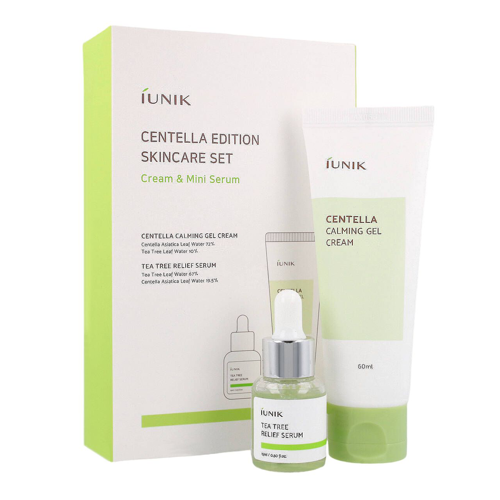 iUNIK - Centella Edition Skincare Set - Nomierinošs sejas krēms ar Centella Asiatica 60 ml un serums problemātiskai ādai ar tējas koka ūdeni