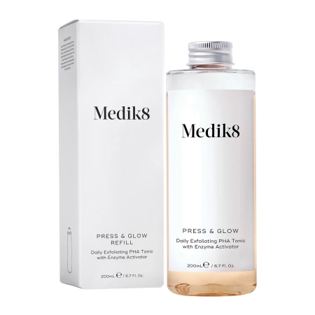 Medik8 - Press&Glow Refill - Toniks ar PHA Skābi un Nolobošu Enzīmu Aktivatoru - Uzpildamā Pudelīte Press&Glow Bez Pumpja - 200ml