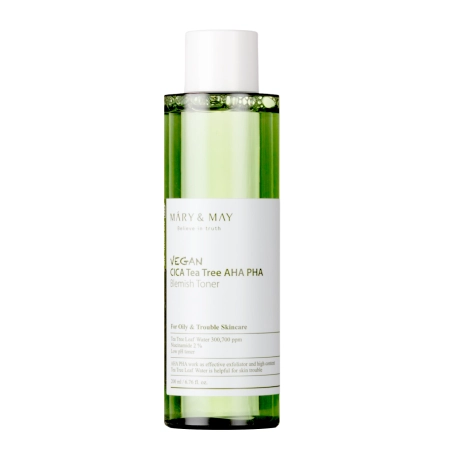 Mary&May - Vegan CICA Tea Tree AHA PHA Toner - Vegānisks toniks ar skābēm - 200ml