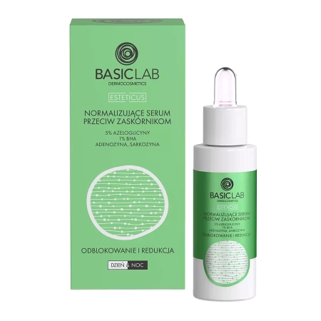 BasicLab - Atbloķēšana un Samazināšana - Normalizējošs Serums pret Melno Galviņu Veidošanos ar 5 % Azeloglicīnu un 1 % BHA - 30 ml