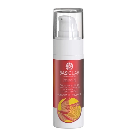 BasicLab - Esteticus - Atjaunošana un stimulācija - Emulsijas serums ar 0,3% tīra retinola, 3% C vitamīna un koenzīma Q10 - 30ml