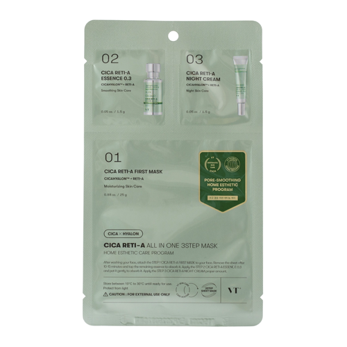 VT Cosmetics - CICA Reti-A All In One 3Step Mask - Mitrinoši-Noloboša Auduma Maska Sejai - 1,5g+1,5g+25g