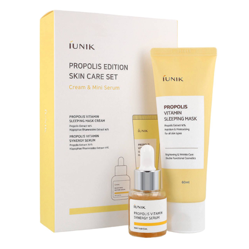 iUNIK - Propolis Edition Skincare Set - Propolisa mitrinošās nakts maskas komplekts 60ml un vitamīnu serums ar propolisu 15ml