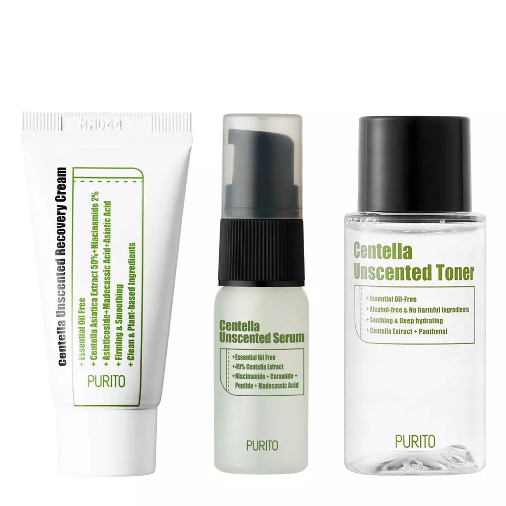 Purito - Centella Unscented Mini Kit - Produktu komplekts bez smaržvielām ar aziātu centellu (Centella Asiatica)